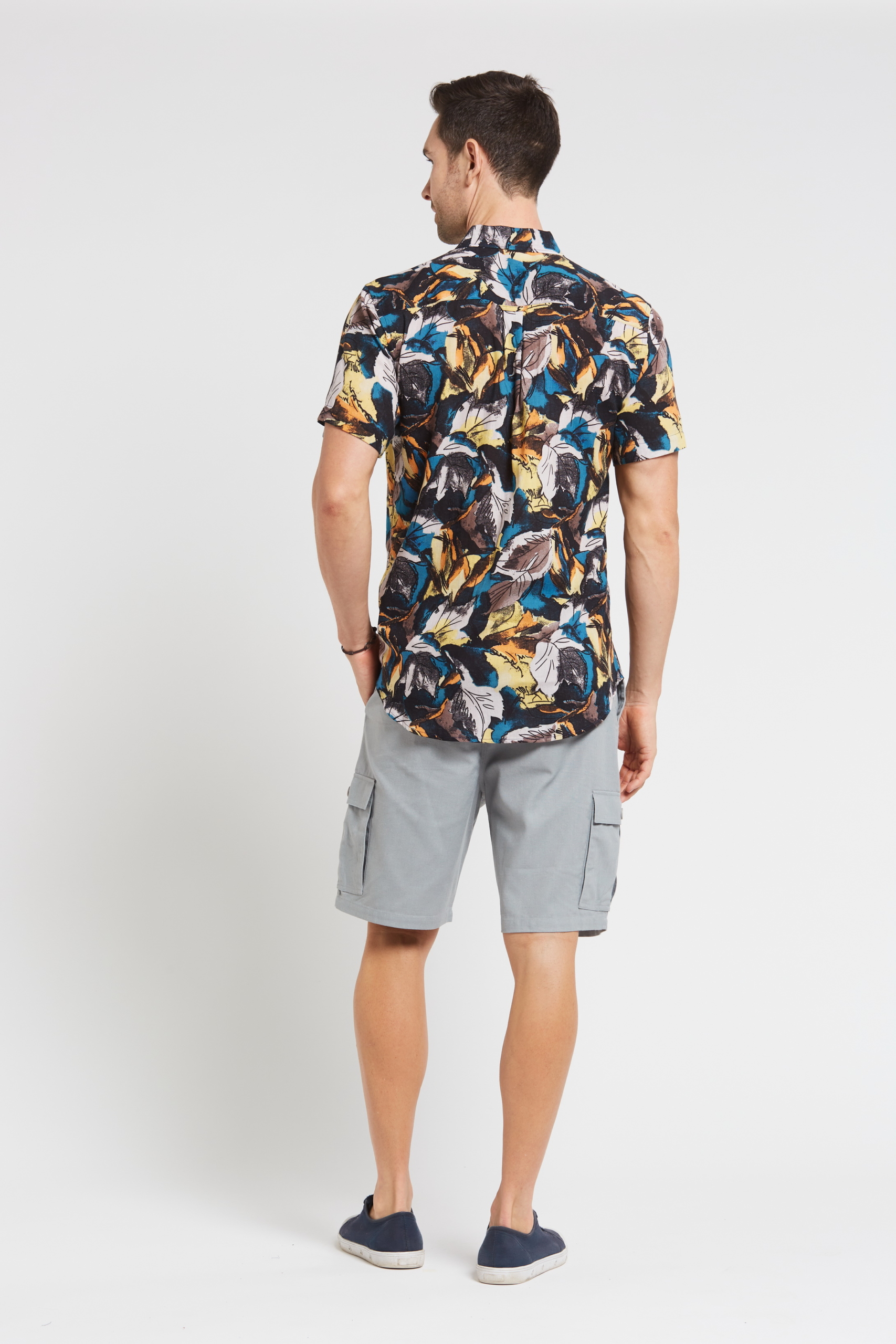 MST2024 BLUE B Men's Hemp Cotton Print Short Sleeve Shirt-Blue