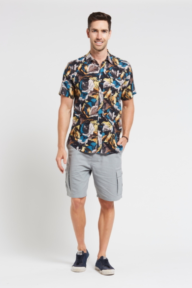 Men's Hemp Cotton Print Short Sleeve Shirt-Blue