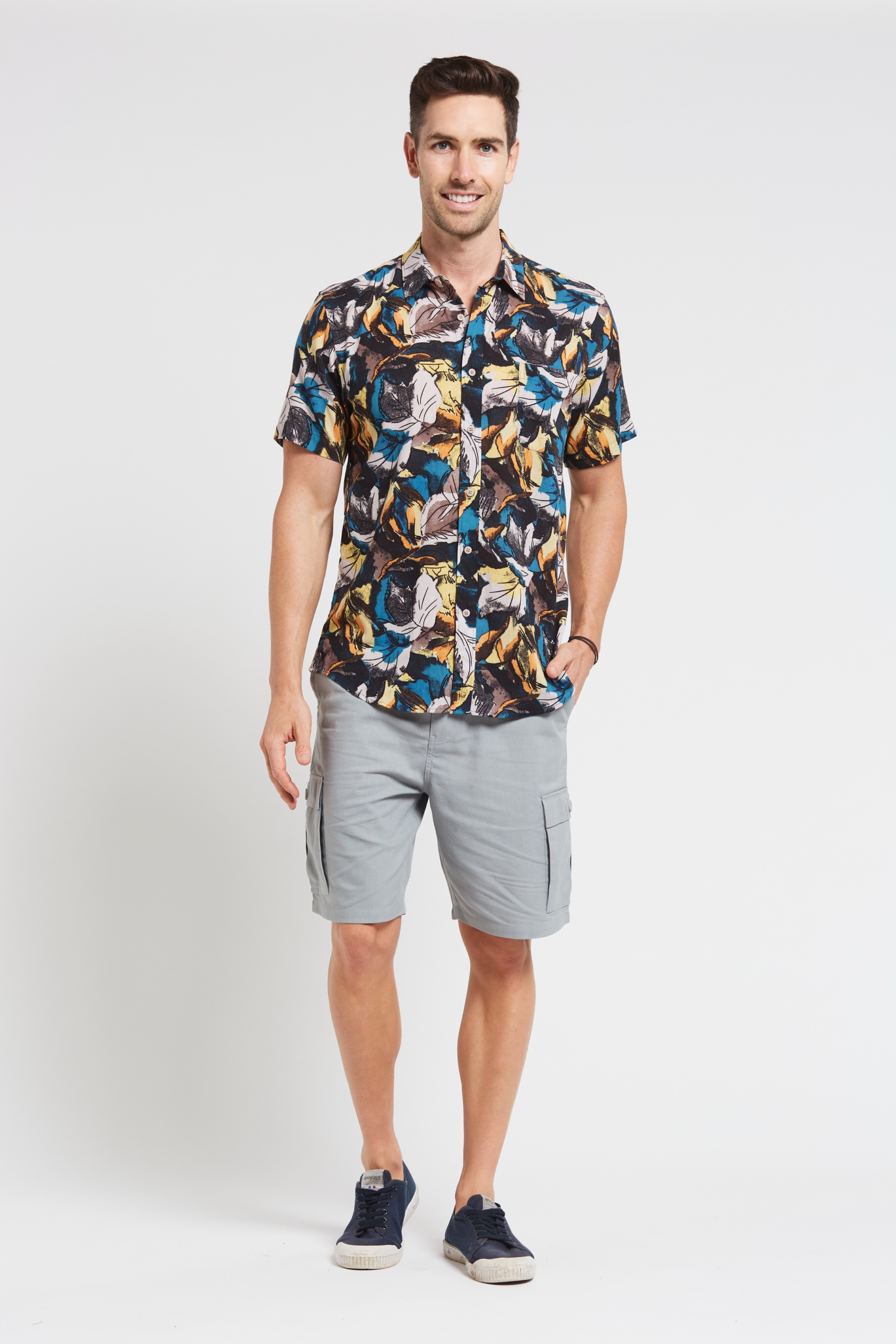 MST2024 BLUE F Men's Hemp Cotton Print Short Sleeve Shirt-Blue