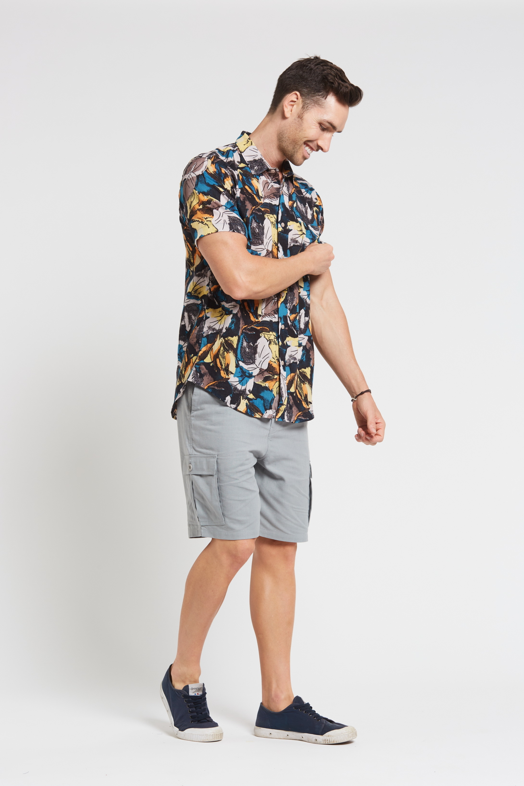 MST2024 BLUE S Men's Hemp Cotton Print Short Sleeve Shirt-Blue