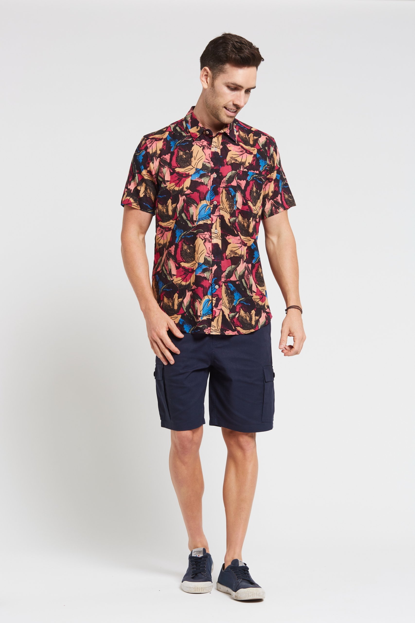 MST2024 RED F Men's Hemp Cotton Print Short Sleeve Shirt-Red