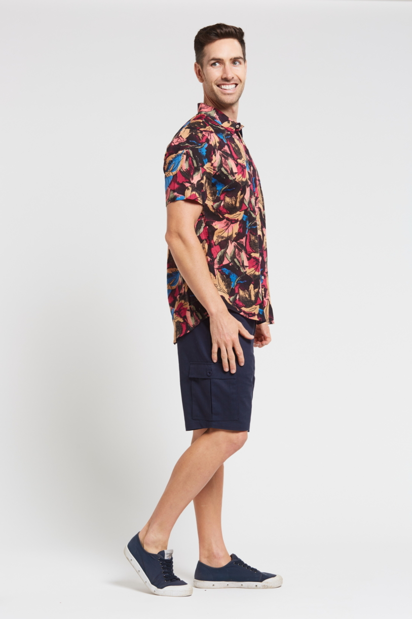 Men's Hemp Cotton Print Short Sleeve Shirt-Red