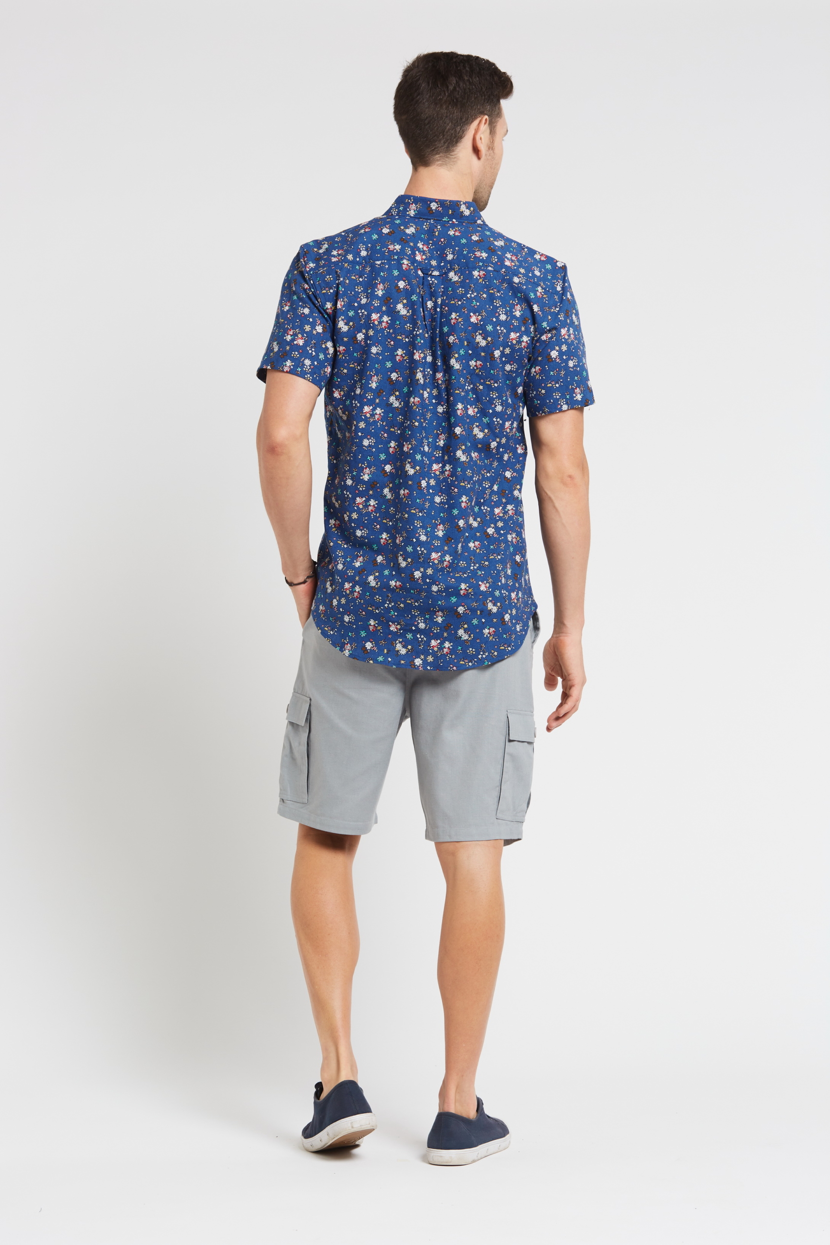 MST2025 BLUE B Men's Hemp Cotton Floral Short Sleeve Shirt-Blue