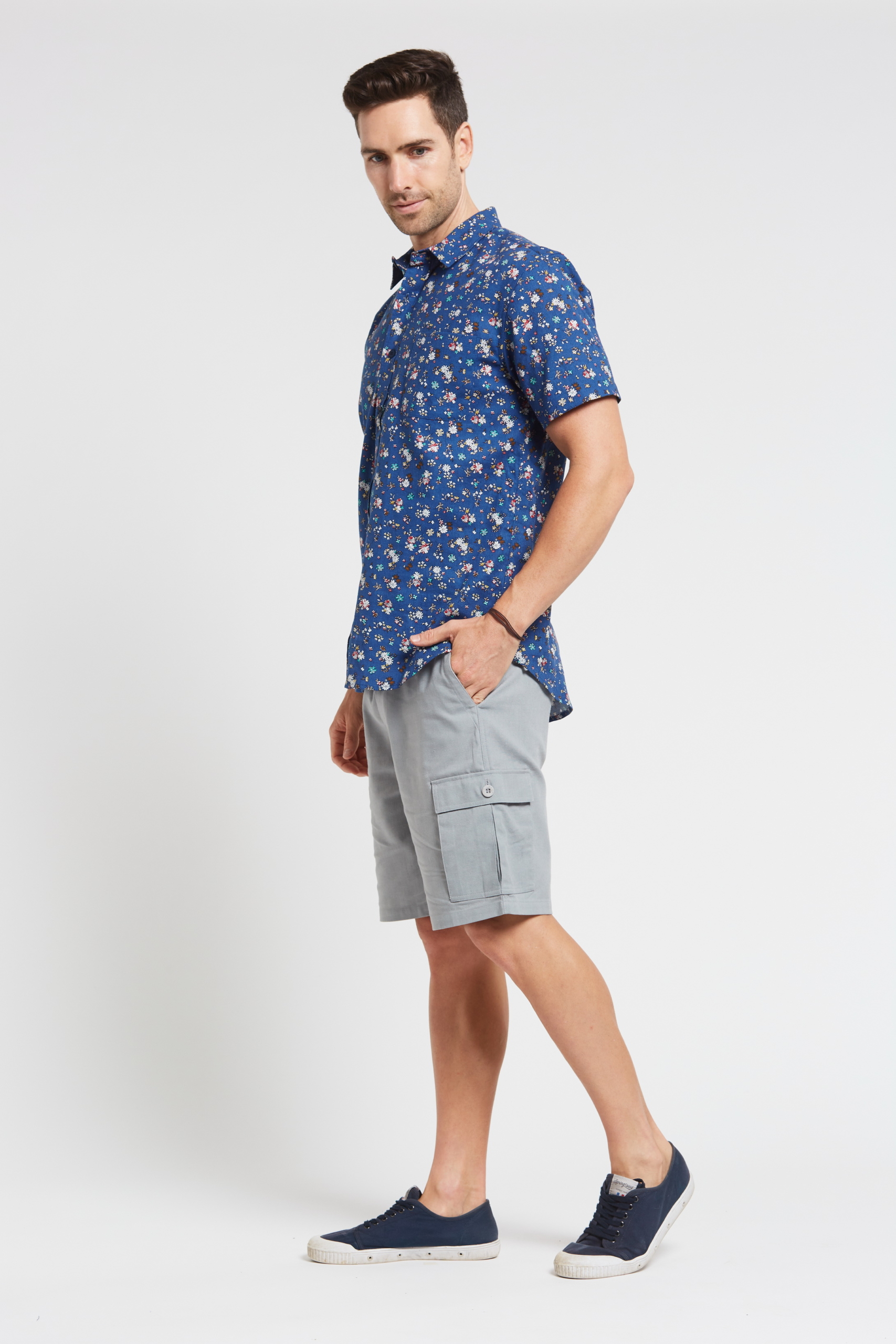 MST2025 BLUE S Men's Hemp Cotton Floral Short Sleeve Shirt-Blue