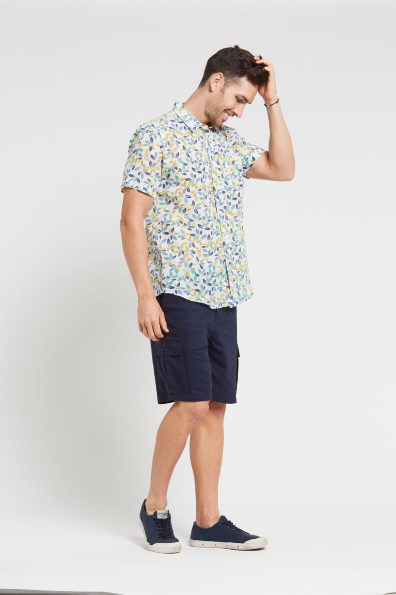 Men's Hemp Cotton Floral Leaf Short Sleeve Shirt-Blue Green