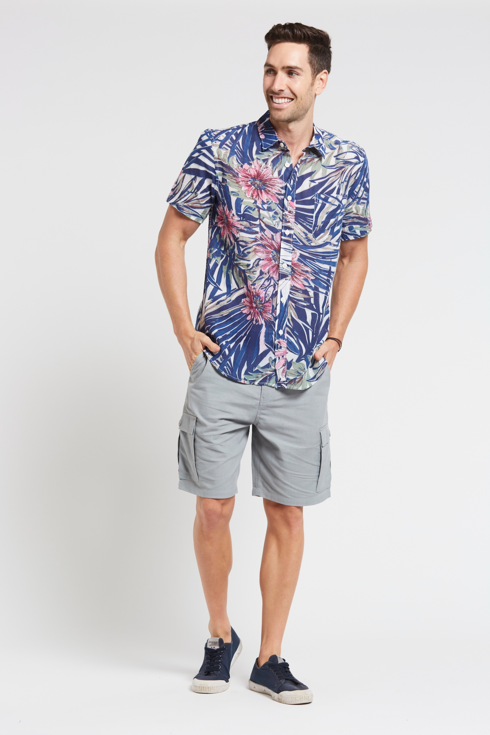 MST2027 NAVY F Men's Hemp Bamboo Jungle Short Sleeve Shirt-Navy