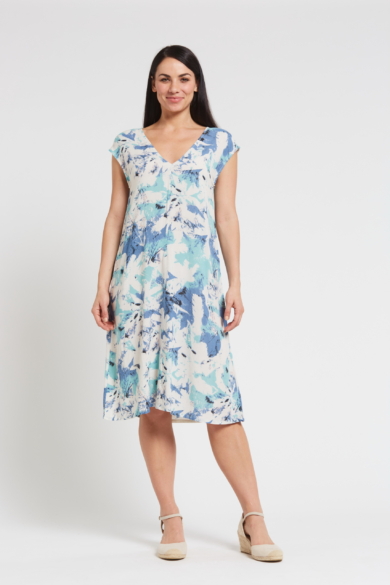 Ladies' Hemp Bamboo V Neck Print Dress-Blue