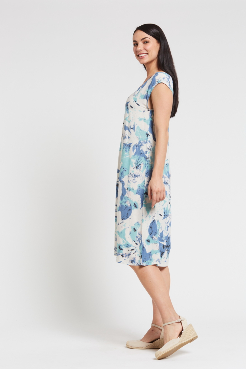 Ladies' Hemp Bamboo V Neck Print Dress-Blue