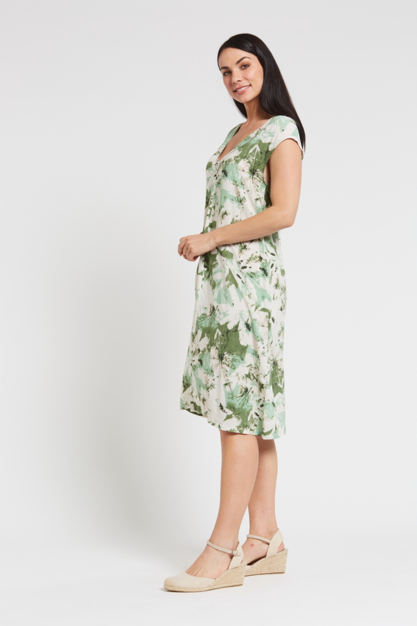 Ladies' Hemp Bamboo V Neck Print Dress-Green