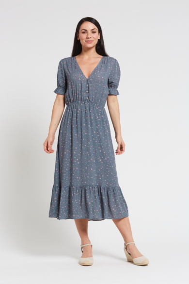 Ladies' Hemp Bamboo Maxi Floral Dress-Blue