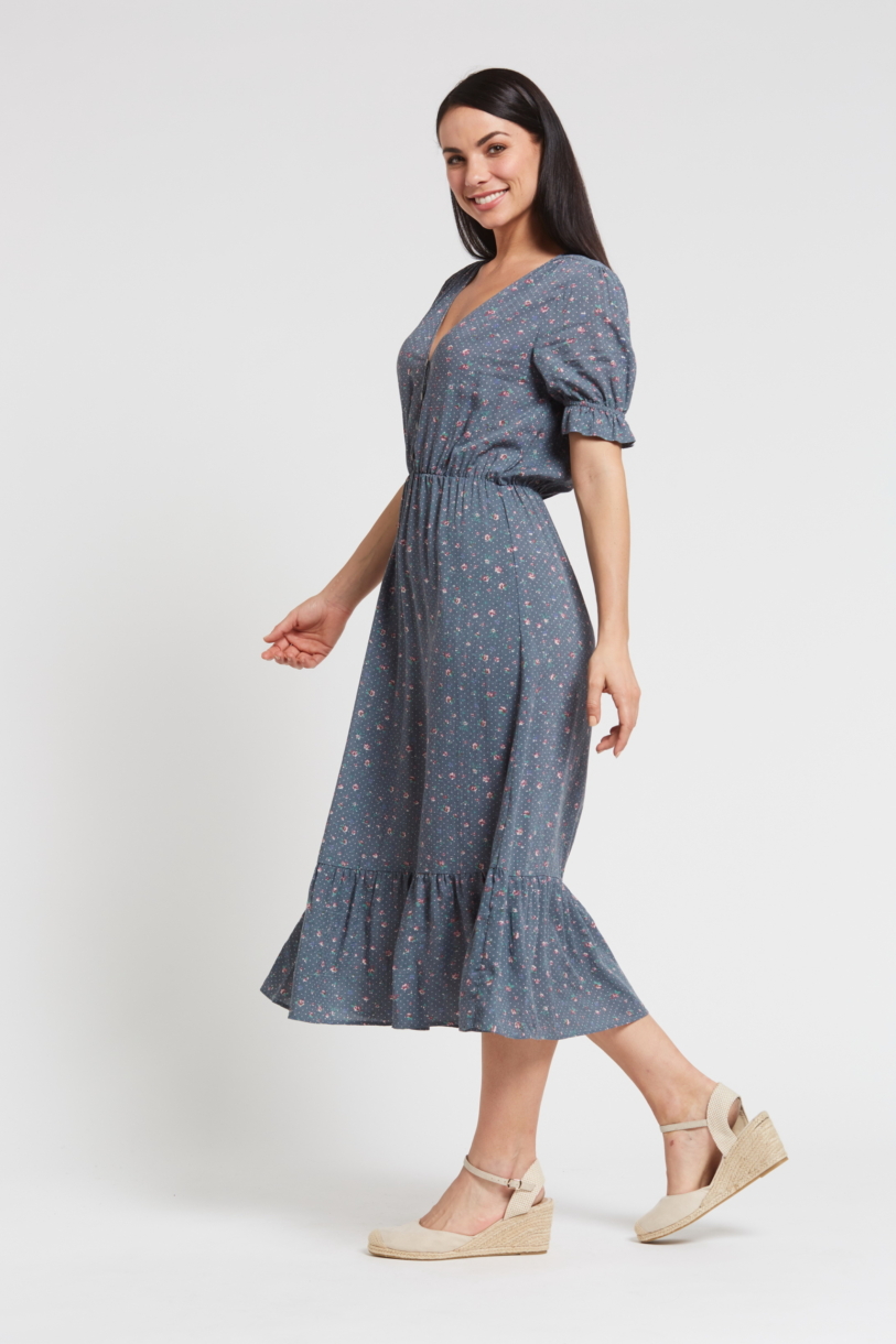 Ladies' Hemp Bamboo Maxi Floral Dress-Blue