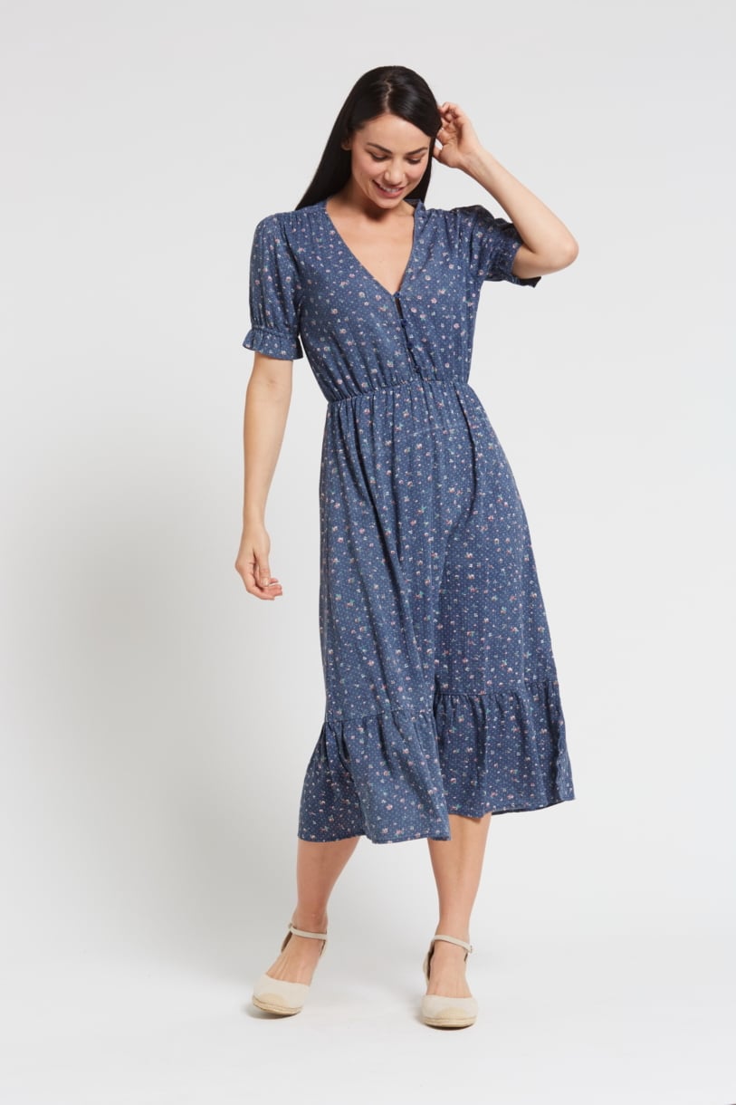 Ladies' Hemp Bamboo Maxi Floral Dress-Navy