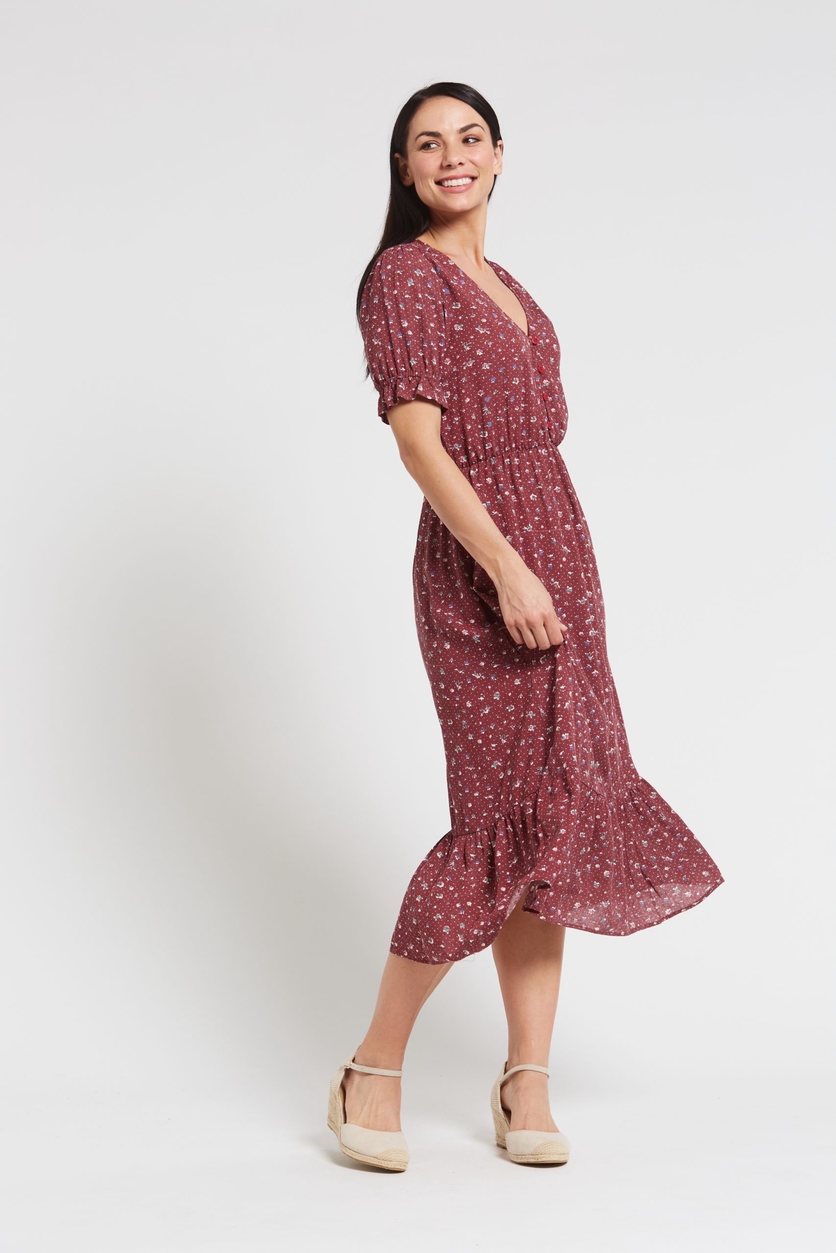 LSB2082 RED S Ladies' Hemp Bamboo Maxi Floral Dress-Red