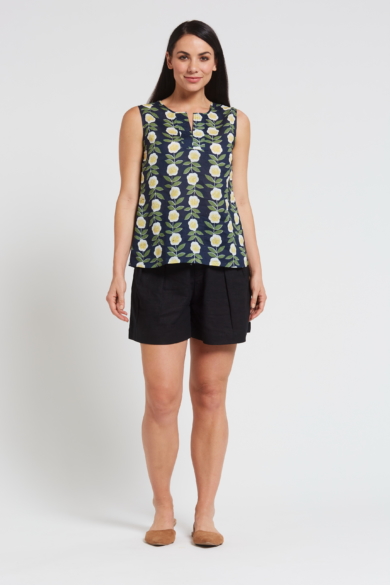 Ladies' Hemp Bamboo Sleeveless Floral Top-Navy