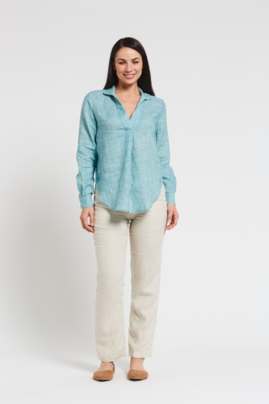 Ladies' 100%Hemp Blouse-Aqua