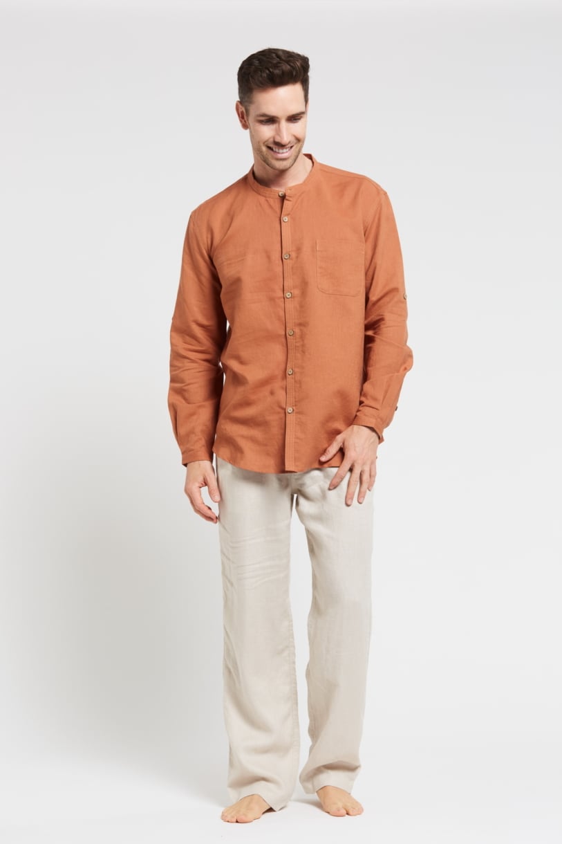 MEN'S HEMP COTTON LONG SLEEVE GRANDPA SHIRT-Rosewood