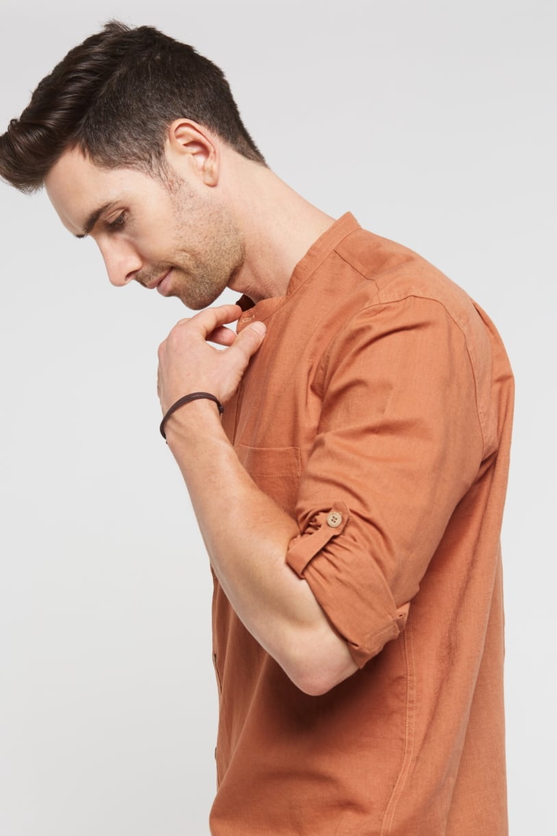 MEN'S HEMP COTTON LONG SLEEVE GRANDPA SHIRT-Rosewood