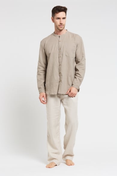 MEN'S HEMP COTTON LONG SLEEVE GRANDPA SHIRT-Sand