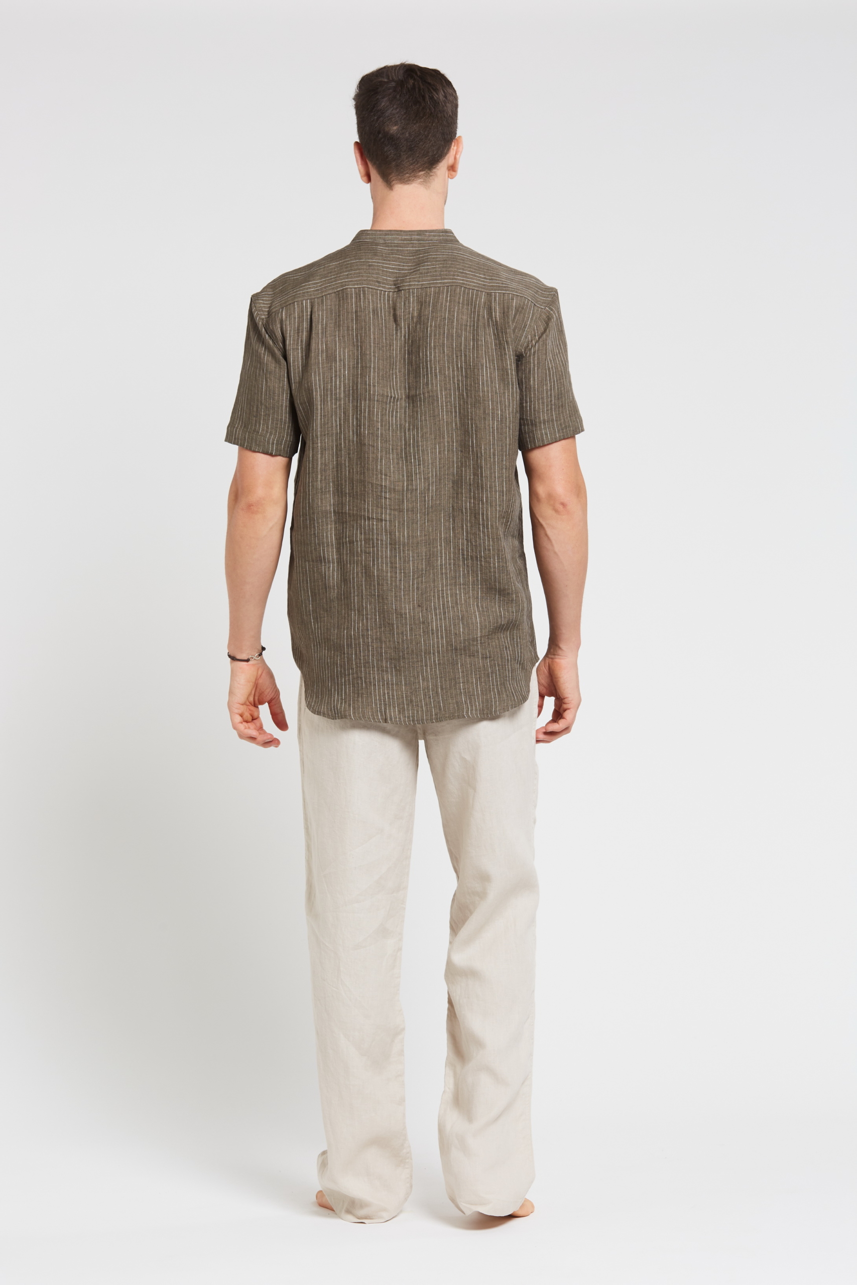 MST118 KK B Men's 100%Hemp Pin Stripe Grandpa Short Sleeve Shirt-Khaki
