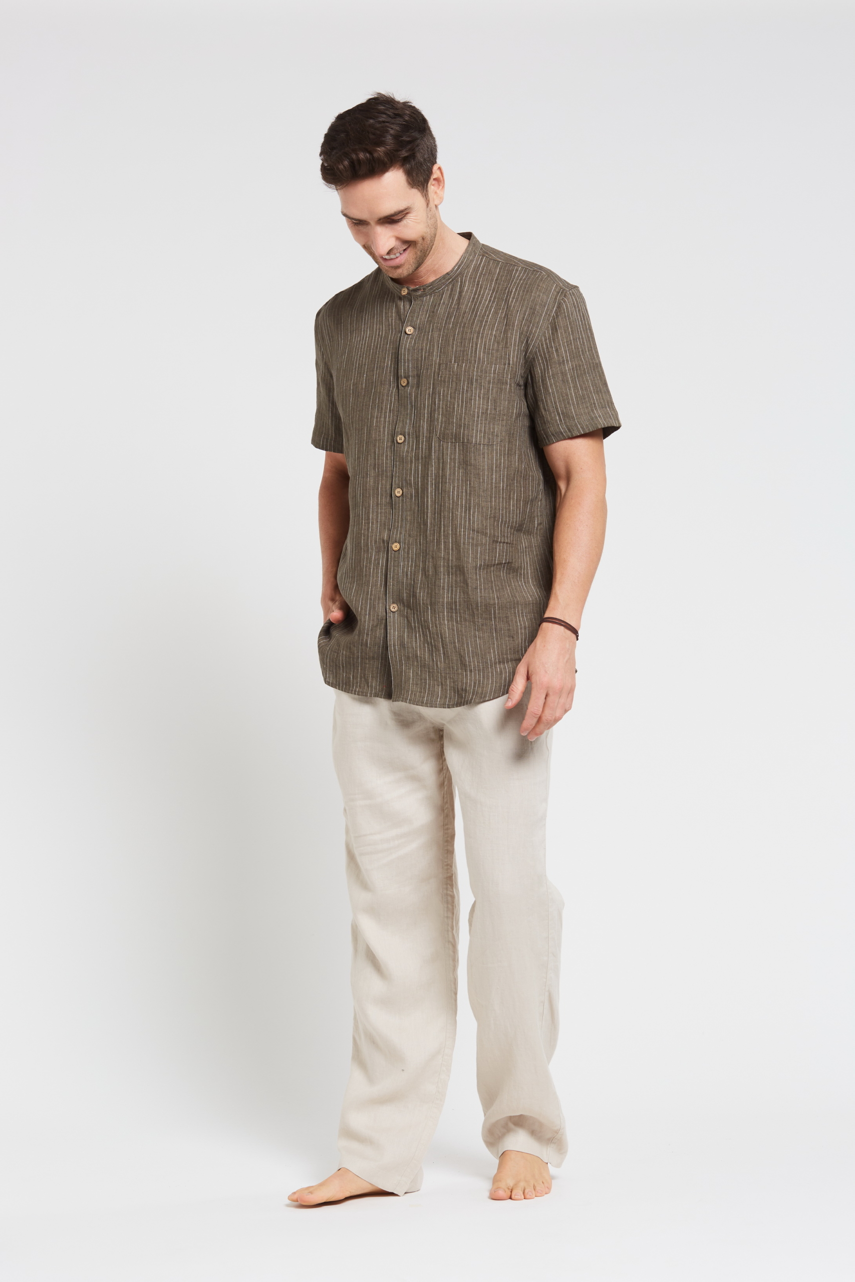 MST118 KK F Men's 100%Hemp Pin Stripe Grandpa Short Sleeve Shirt-Khaki