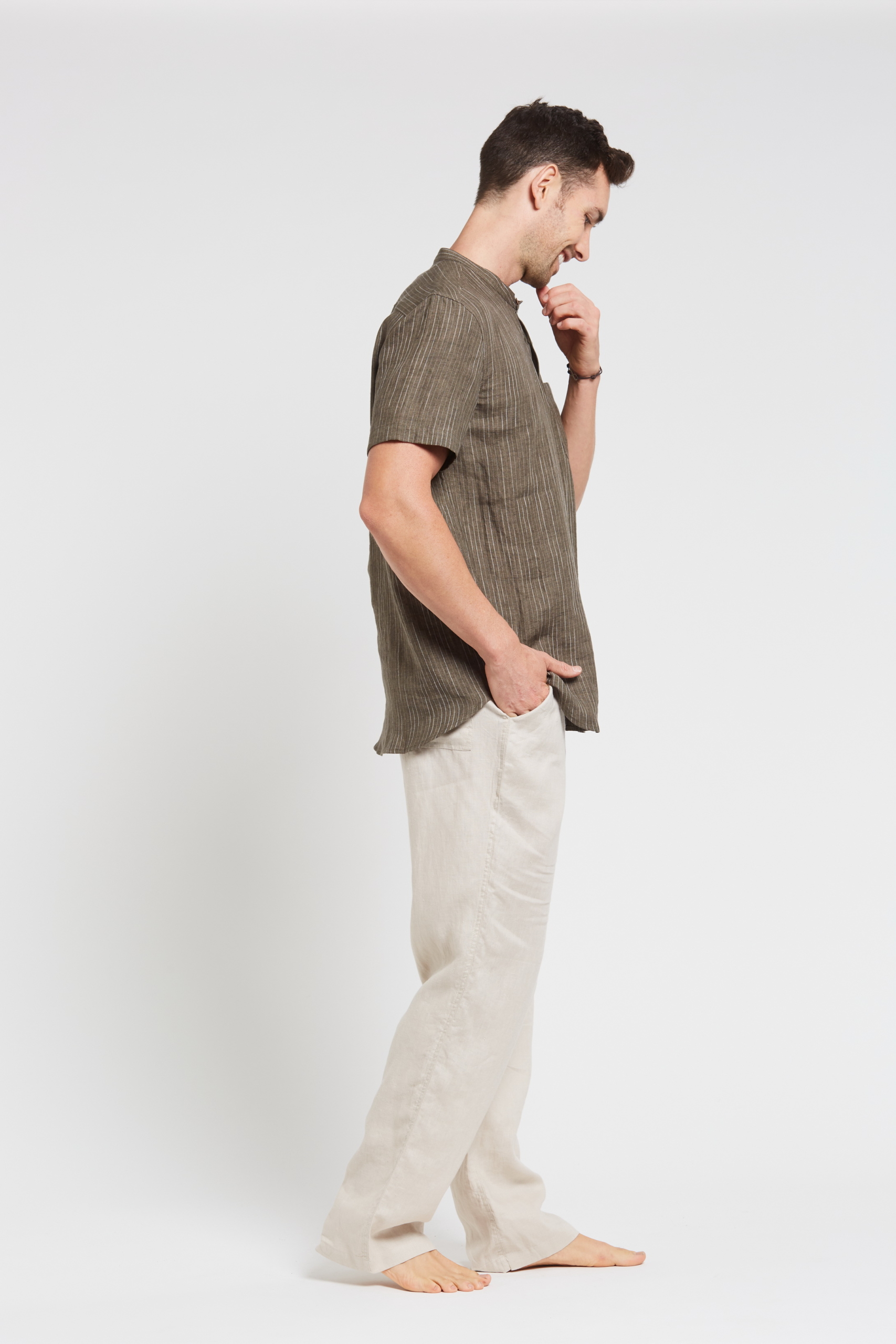 MST118 KK S Men's 100%Hemp Pin Stripe Grandpa Short Sleeve Shirt-Khaki