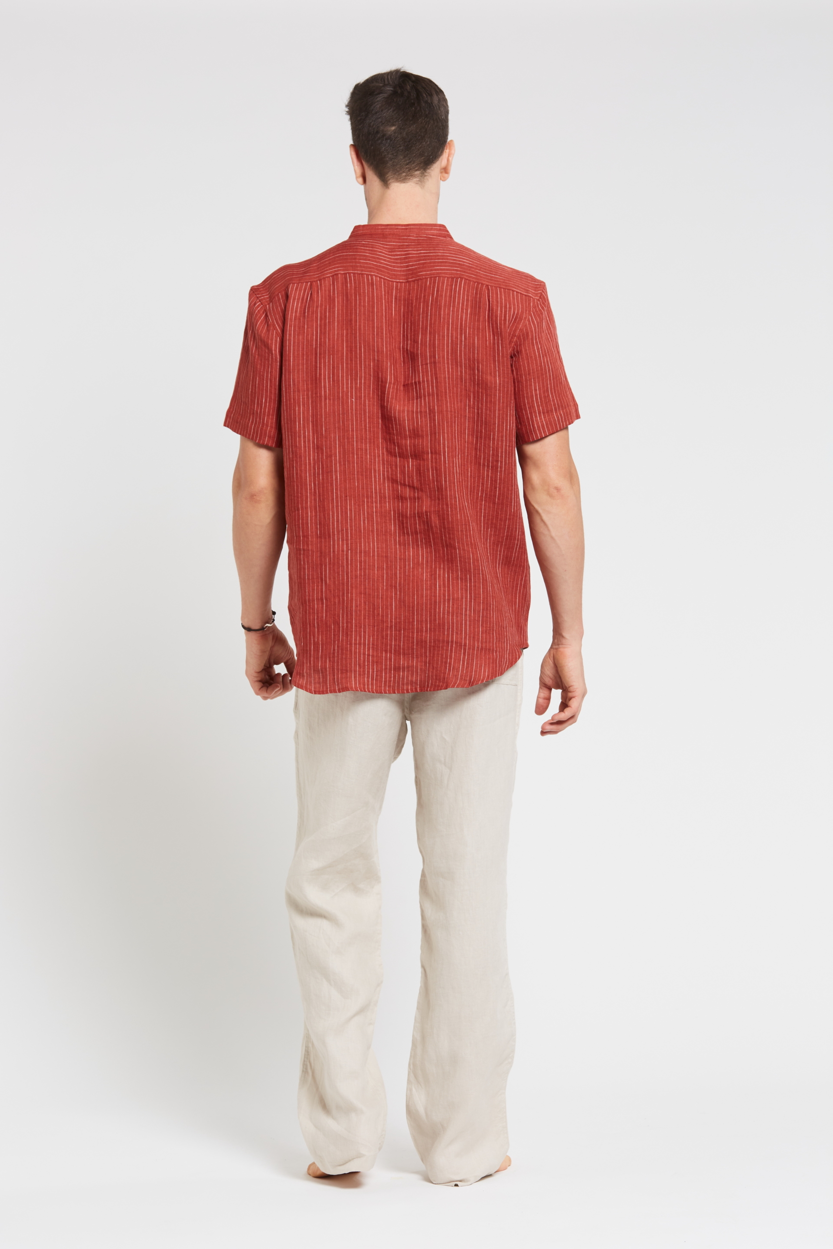 MST118 RED B Men's 100%Hemp Pin Stripe Grandpa Short Sleeve Shirt-Red Clay