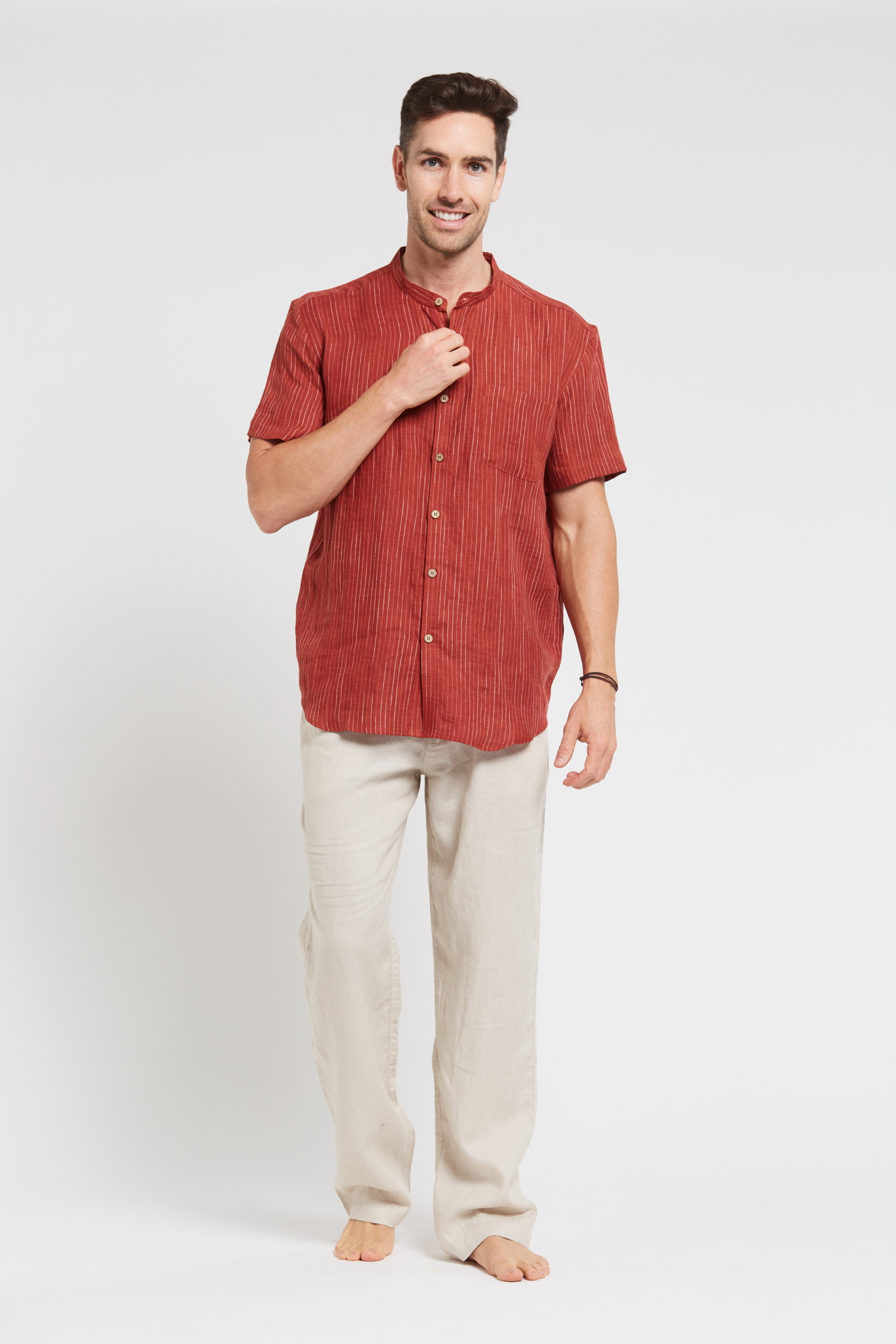 MST118 RED F Men's 100%Hemp Pin Stripe Grandpa Short Sleeve Shirt-Red Clay