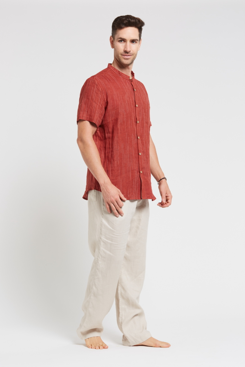 Men's 100%Hemp Pin Stripe Grandpa Short Sleeve Shirt-Red Clay