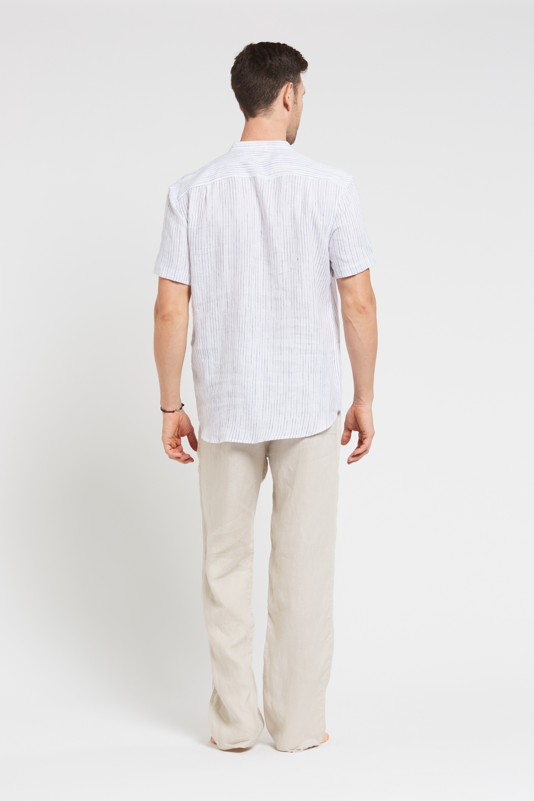MST118 WHITE B Men's 100%Hemp Pin Stripe Grandpa Short Sleeve Shirt-White