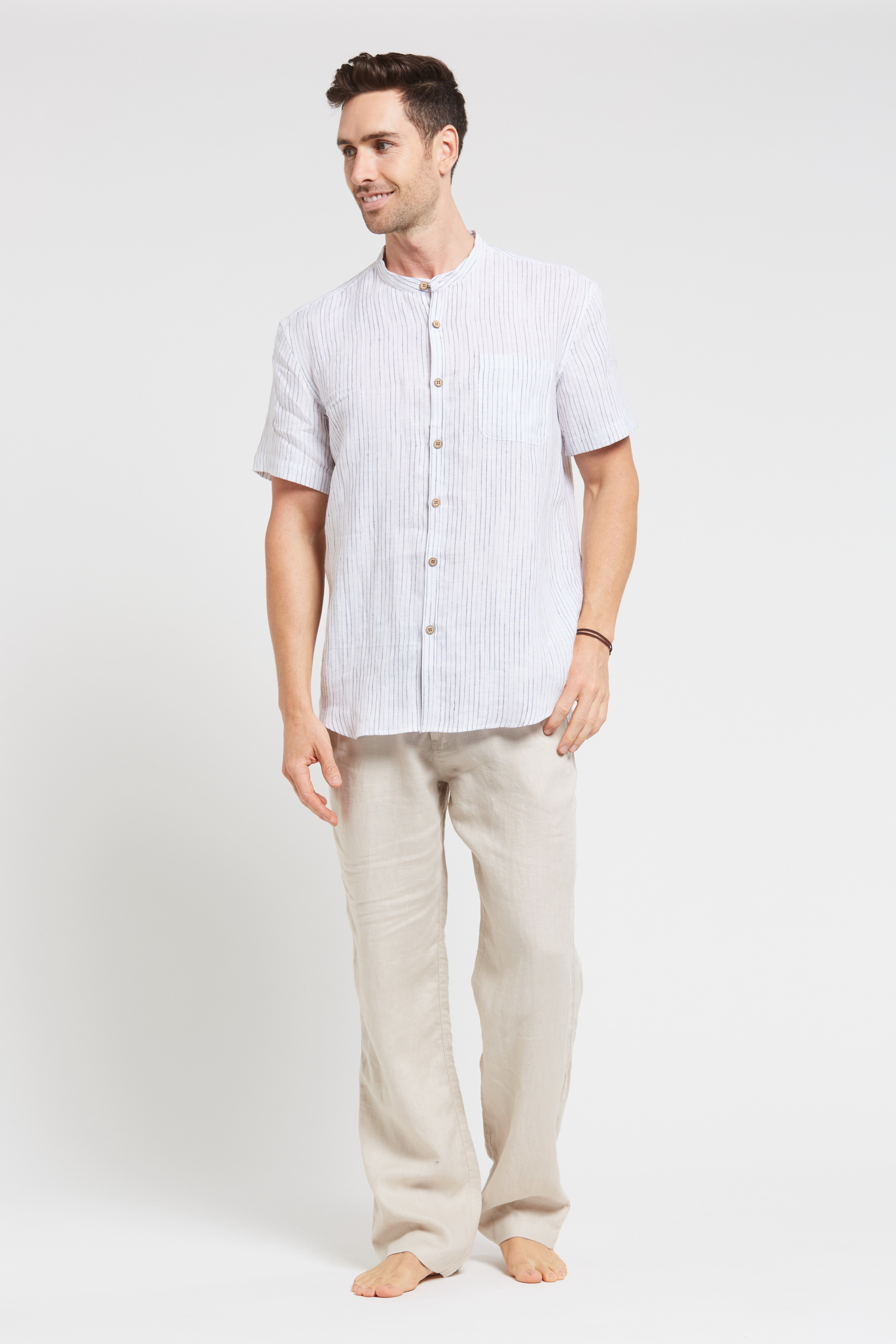 MST118 WHITE F Men's 100%Hemp Pin Stripe Grandpa Short Sleeve Shirt-White