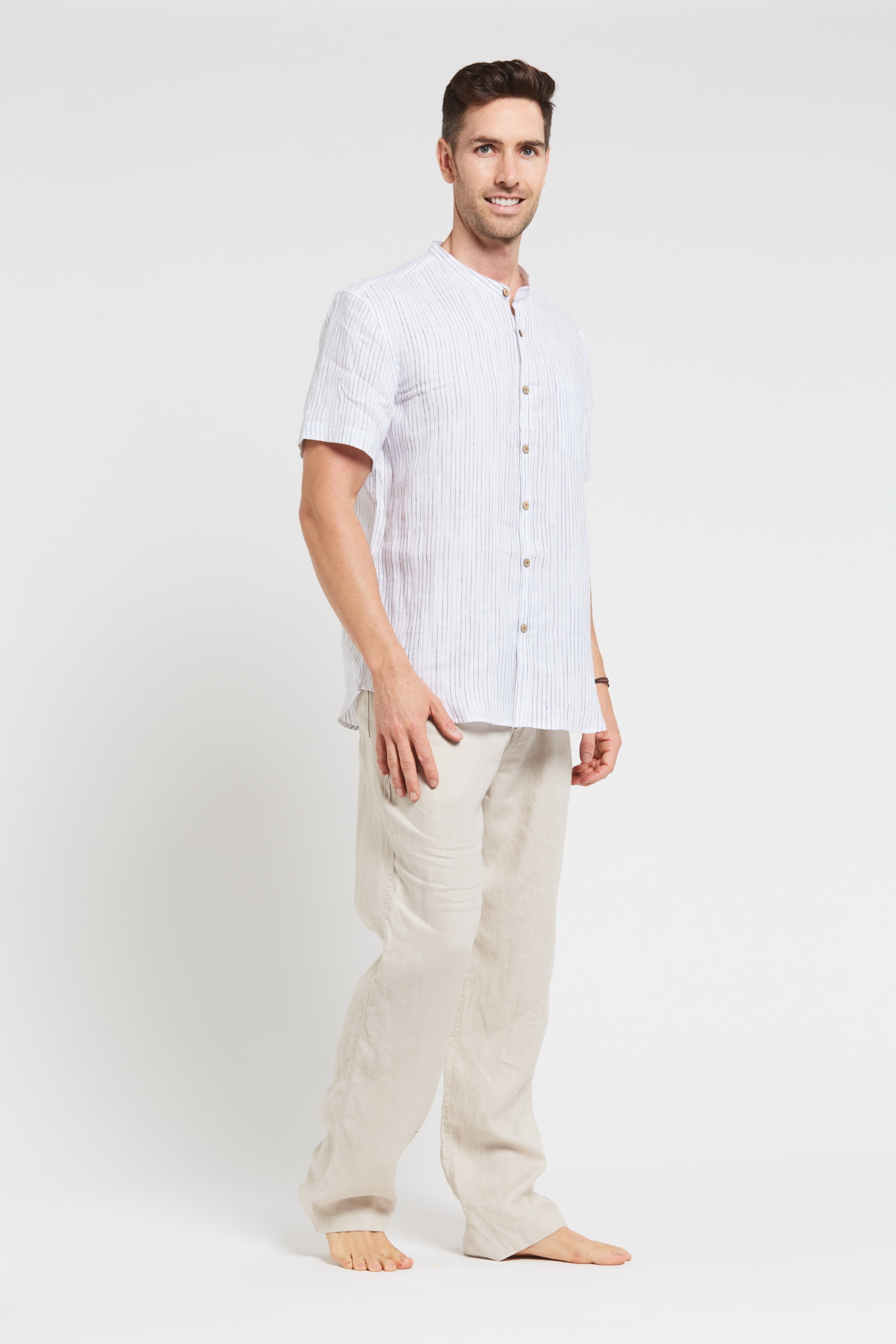 MST118 WHITE S Men's 100%Hemp Pin Stripe Grandpa Short Sleeve Shirt-White