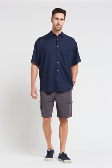 Mens Premium Hemp Rayon Relax Fit Short Sleeve Shirt-Navy