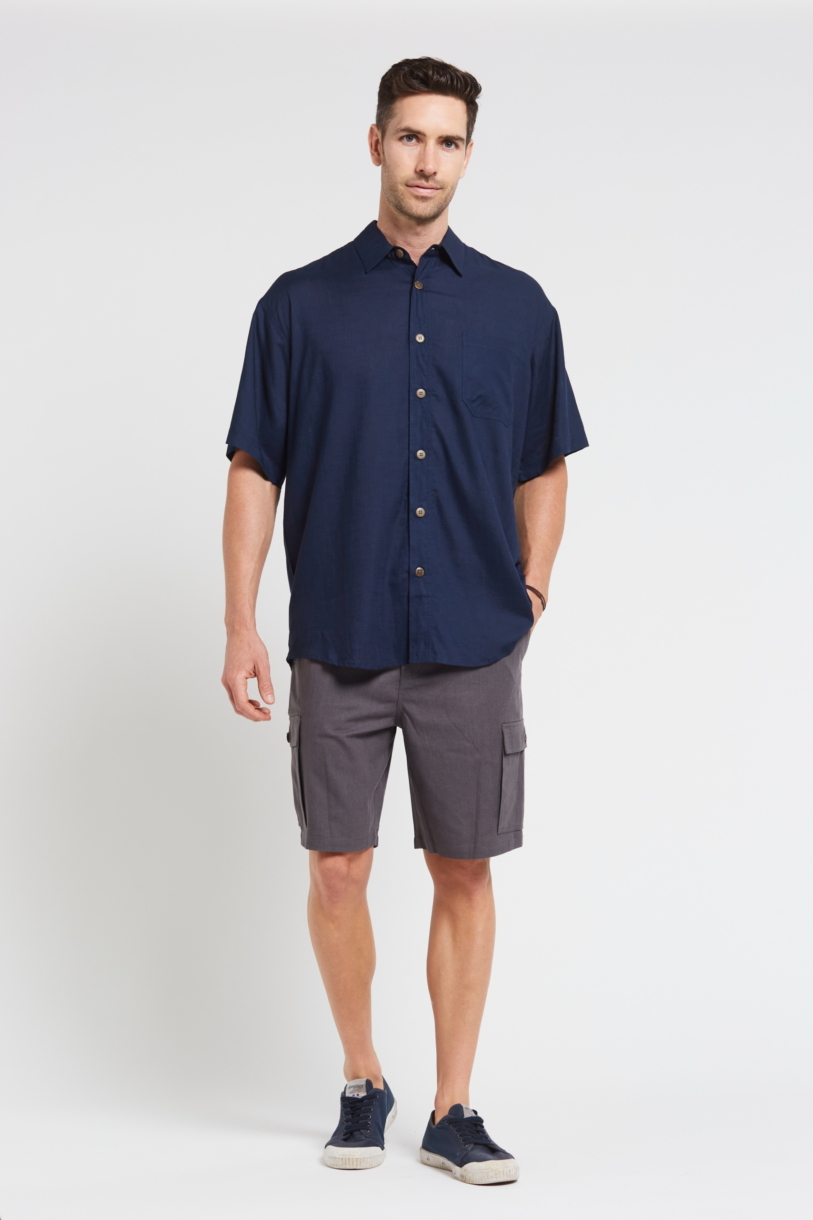 Mens Premium Hemp Rayon Relax Fit Short Sleeve Shirt-Navy