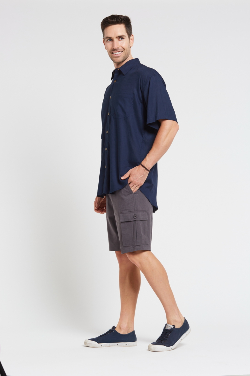Mens Premium Hemp Rayon Relax Fit Short Sleeve Shirt-Navy