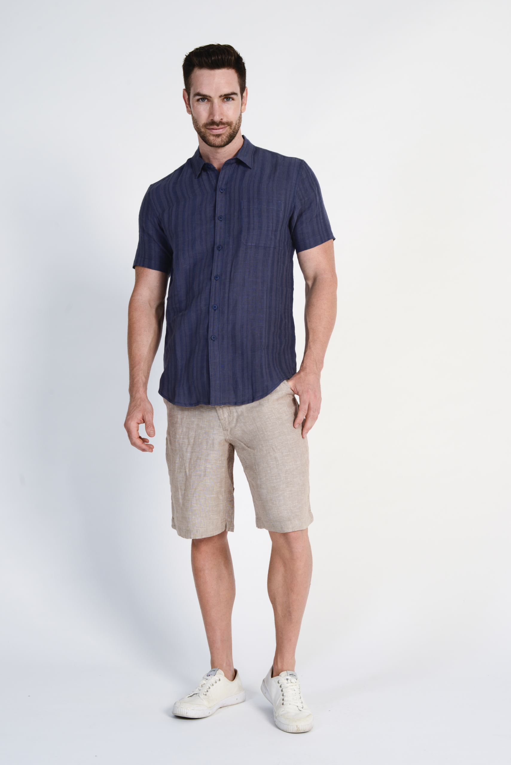 MST1721 NAVY2 Men's 100%Hemp Stripe Woven Short Sleeve Shirt-Navy