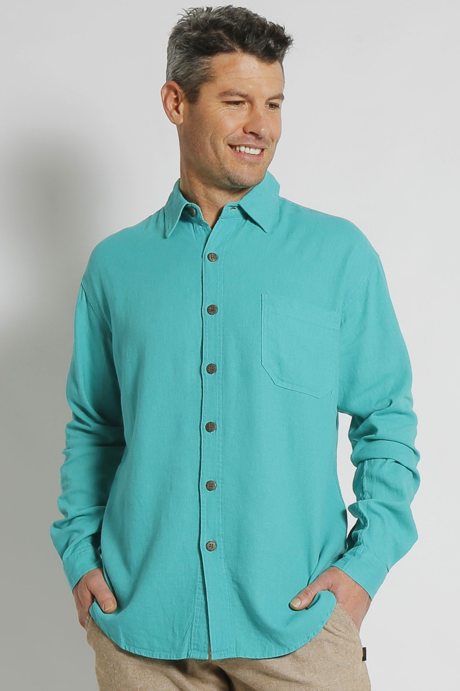 S12 SG F Mens Hemp Rayon Relax Fit Long Sleeve Shirt-Sea Green