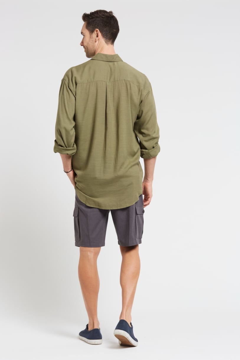 Mens Hemp Rayon Relax Fit Long Sleeve Shirt-Khaki