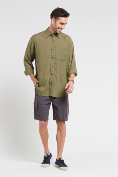 Mens Hemp Rayon Relax Fit Long Sleeve Shirt-Khaki