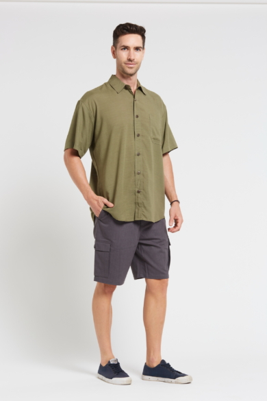 Mens Hemp Rayon Relax Fit Short Sleeve Shirt-Khaki