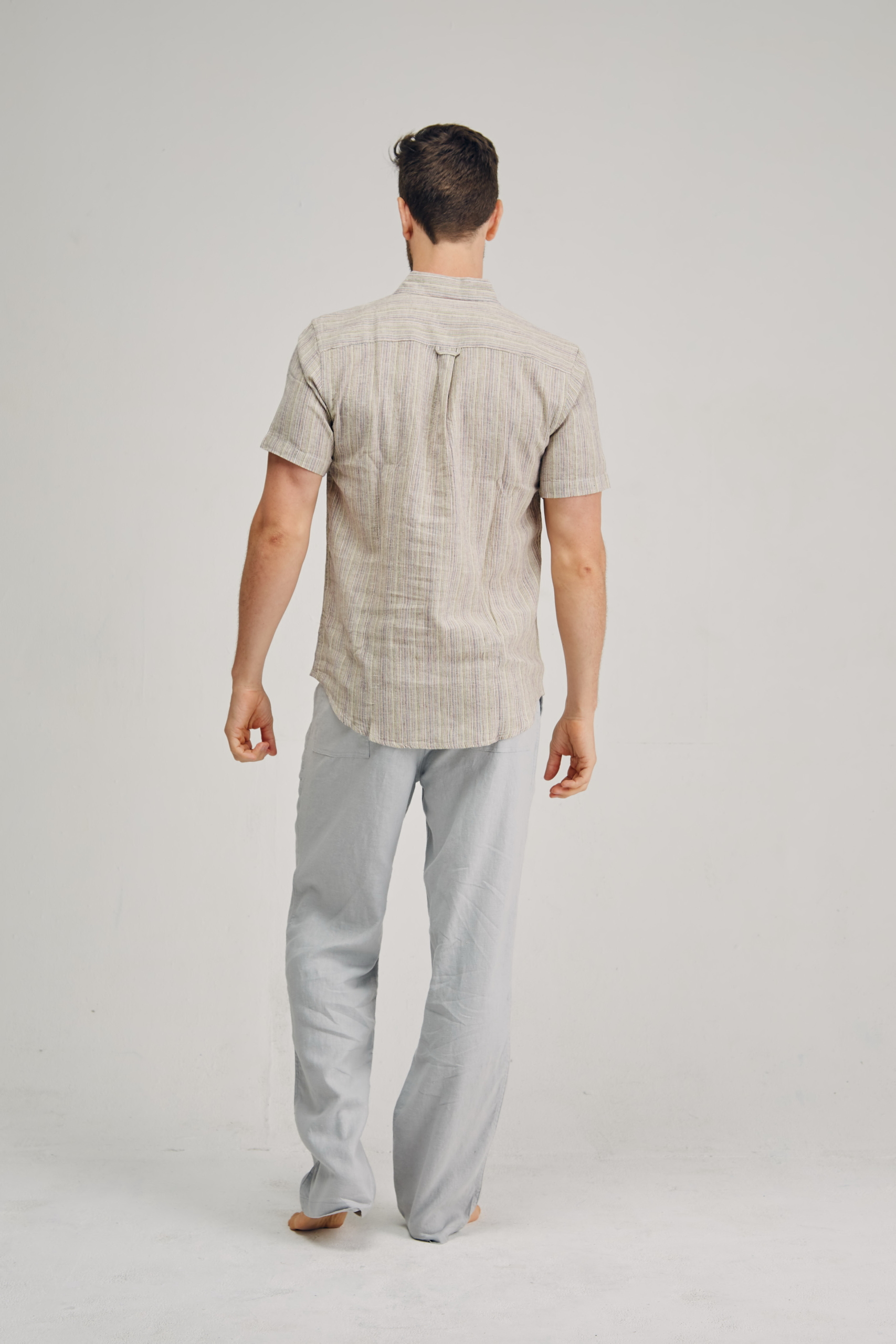 MST421 BONE B Men's Hemp blended Stripe Short Sleeve Shirt-Bone