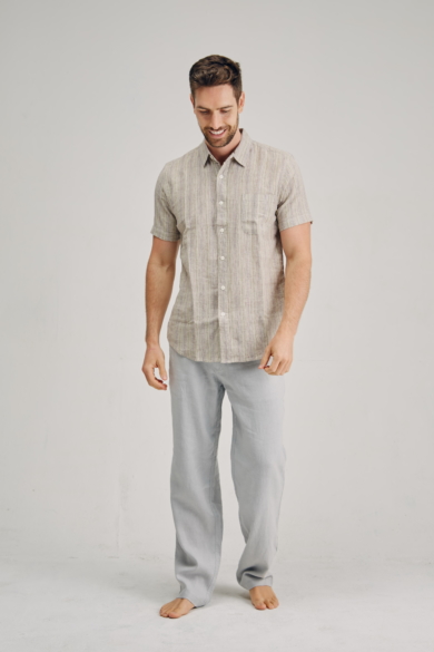 Men's Hemp blended Stripe Short Sleeve Shirt-Bone