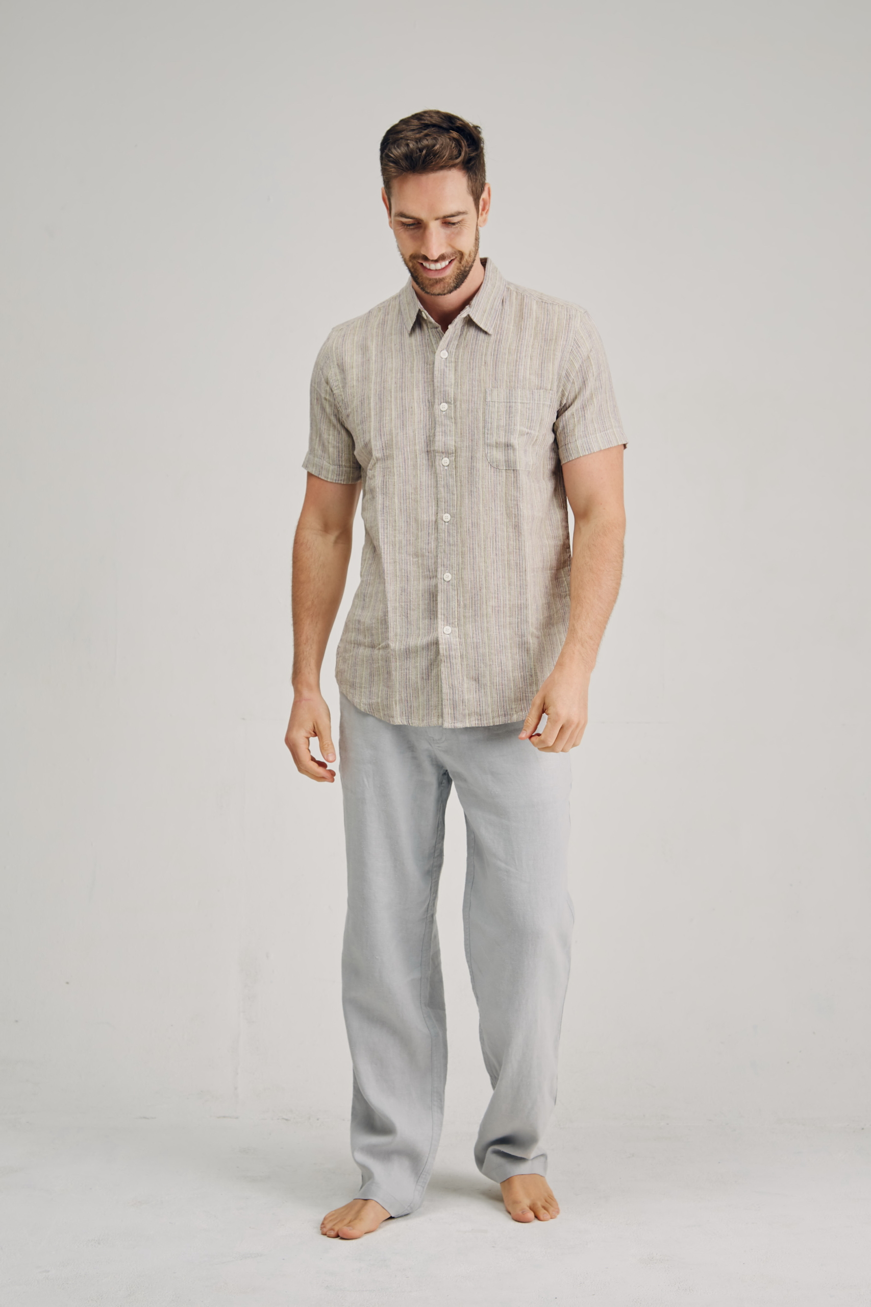 MST421 BONE F Men's Hemp blended Stripe Short Sleeve Shirt-Bone