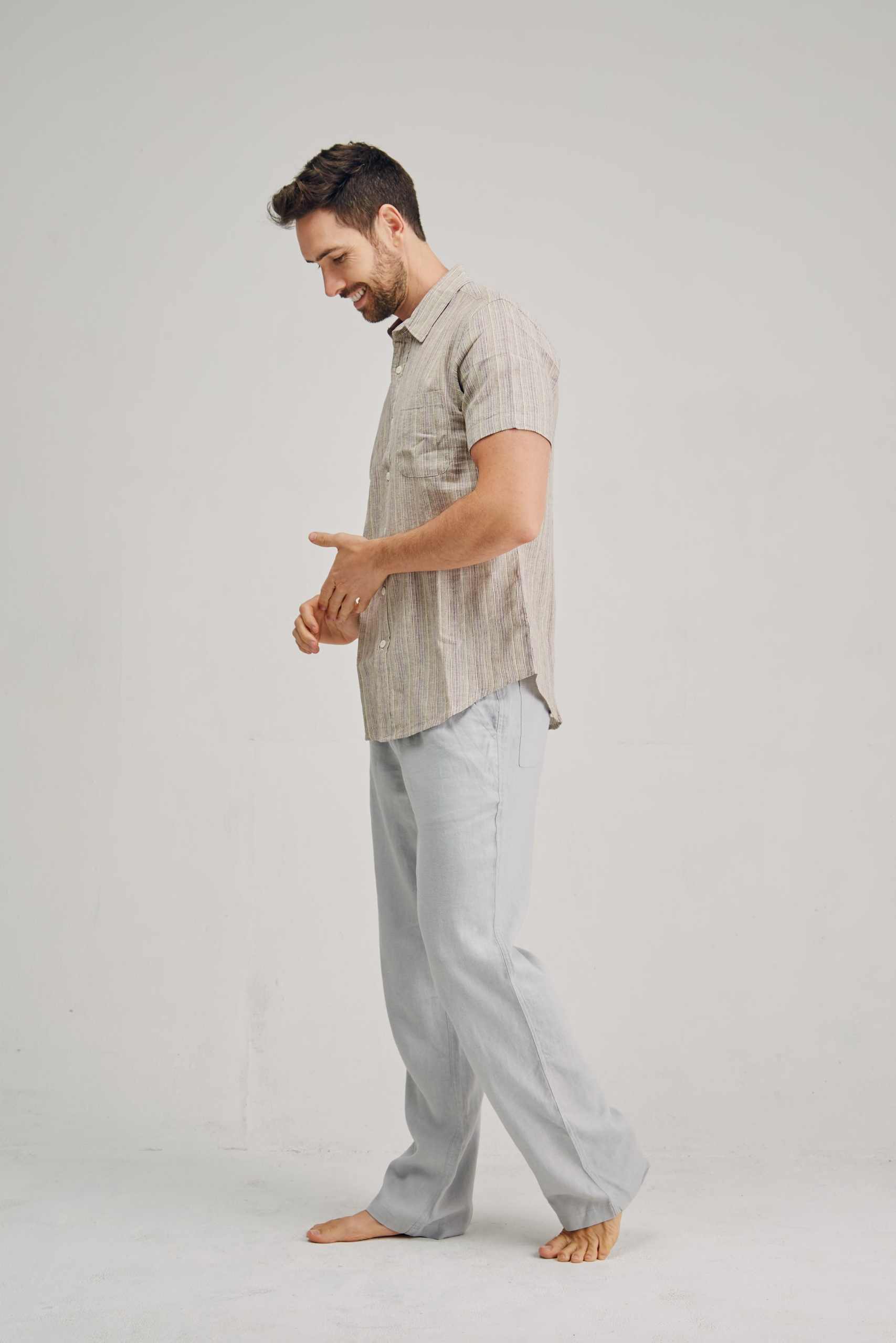 MST421 BONE S Men's Hemp blended Stripe Short Sleeve Shirt-Bone