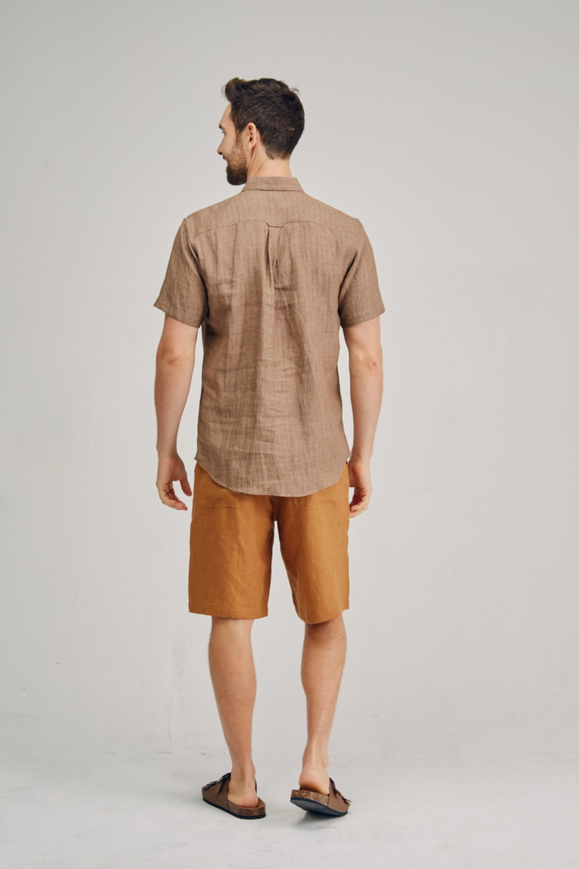 Men's 100%Hemp Pin Stripe Short Sleeve Shirt-Brown