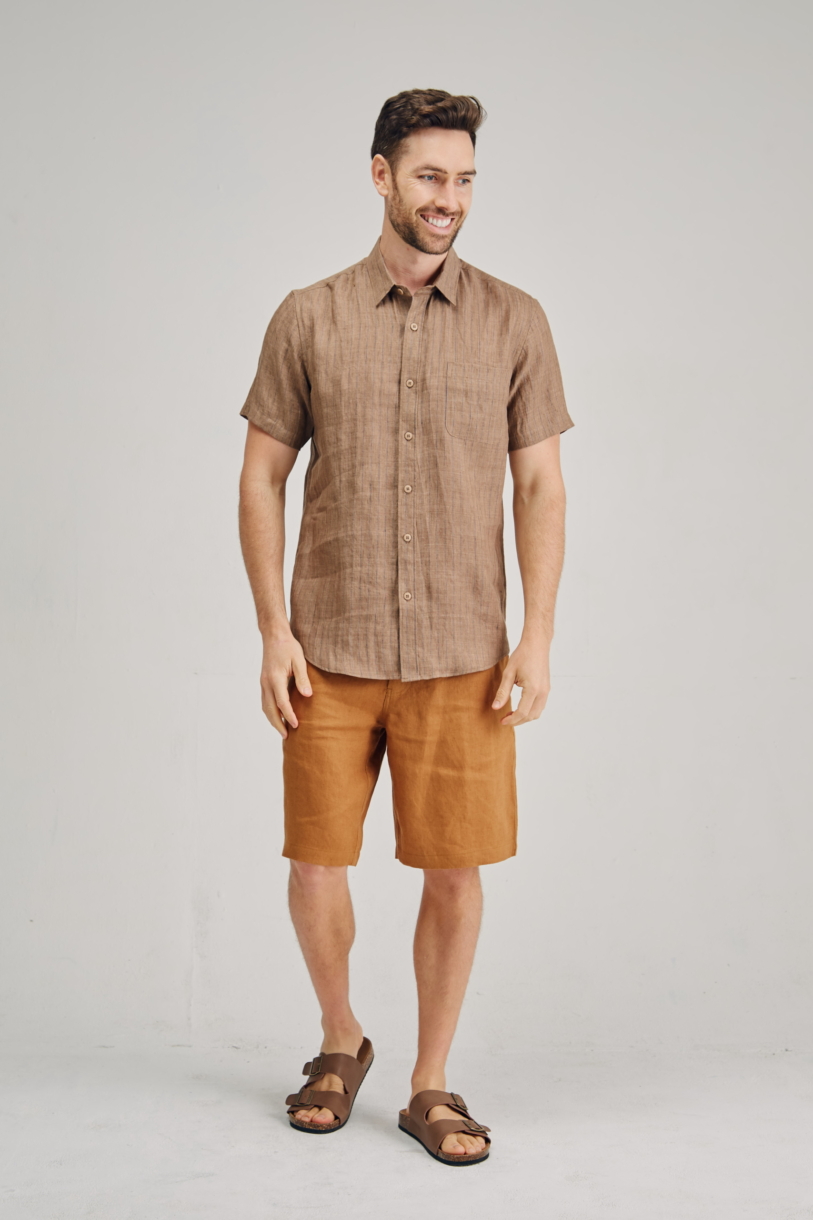 Men's 100%Hemp Pin Stripe Short Sleeve Shirt-Brown