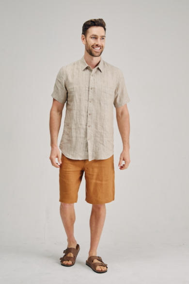 Men's 100%Hemp Pin Stripe Short Sleeve Shirt-Natural