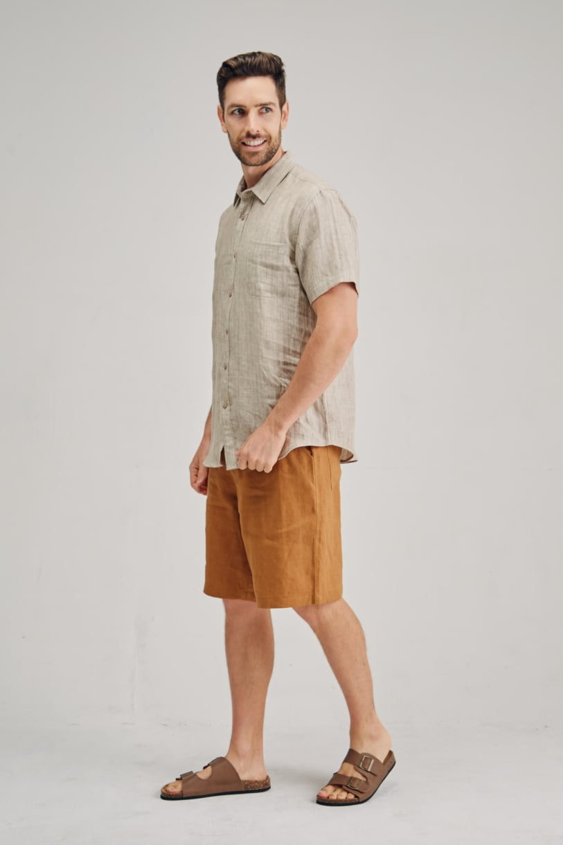 Men's 100%Hemp Pin Stripe Short Sleeve Shirt-Natural