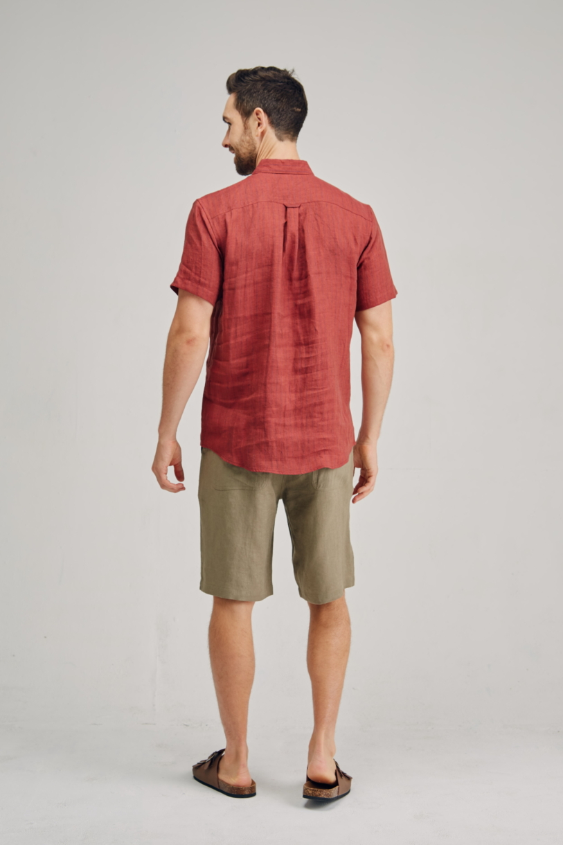 Men's 100%Hemp Pin Stripe Short Sleeve Shirt-Red Clay