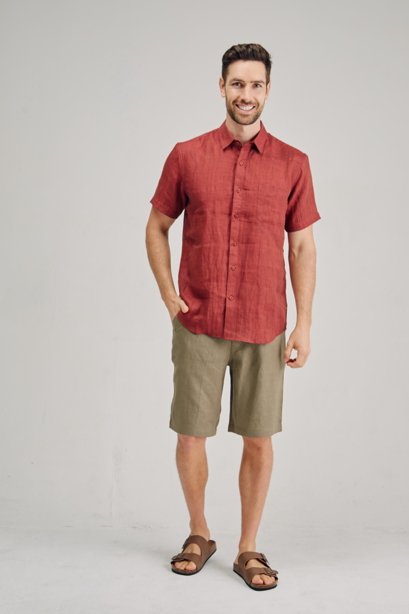 Men's 100%Hemp Pin Stripe Short Sleeve Shirt-Red Clay