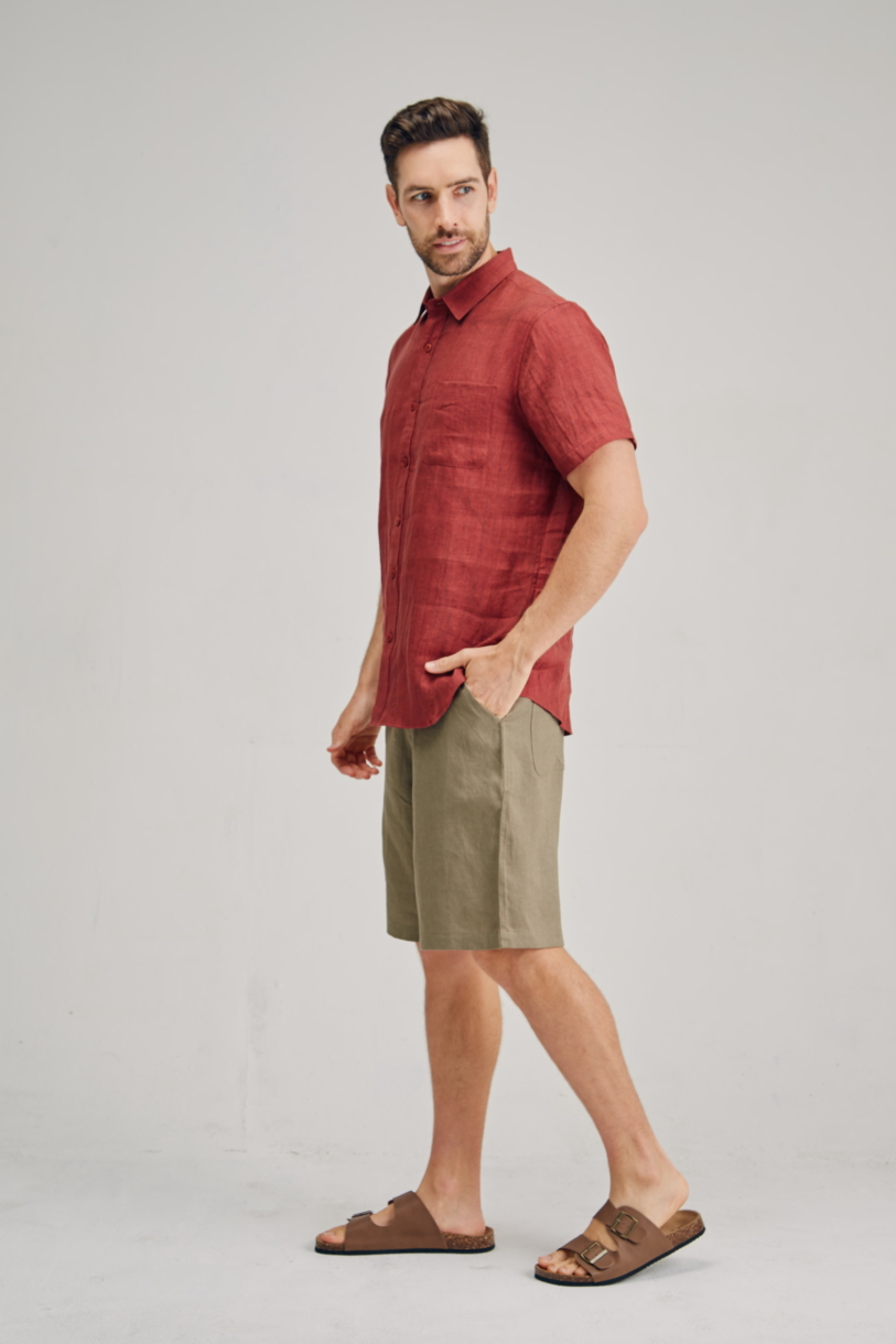 Men's 100%Hemp Pin Stripe Short Sleeve Shirt-Red Clay